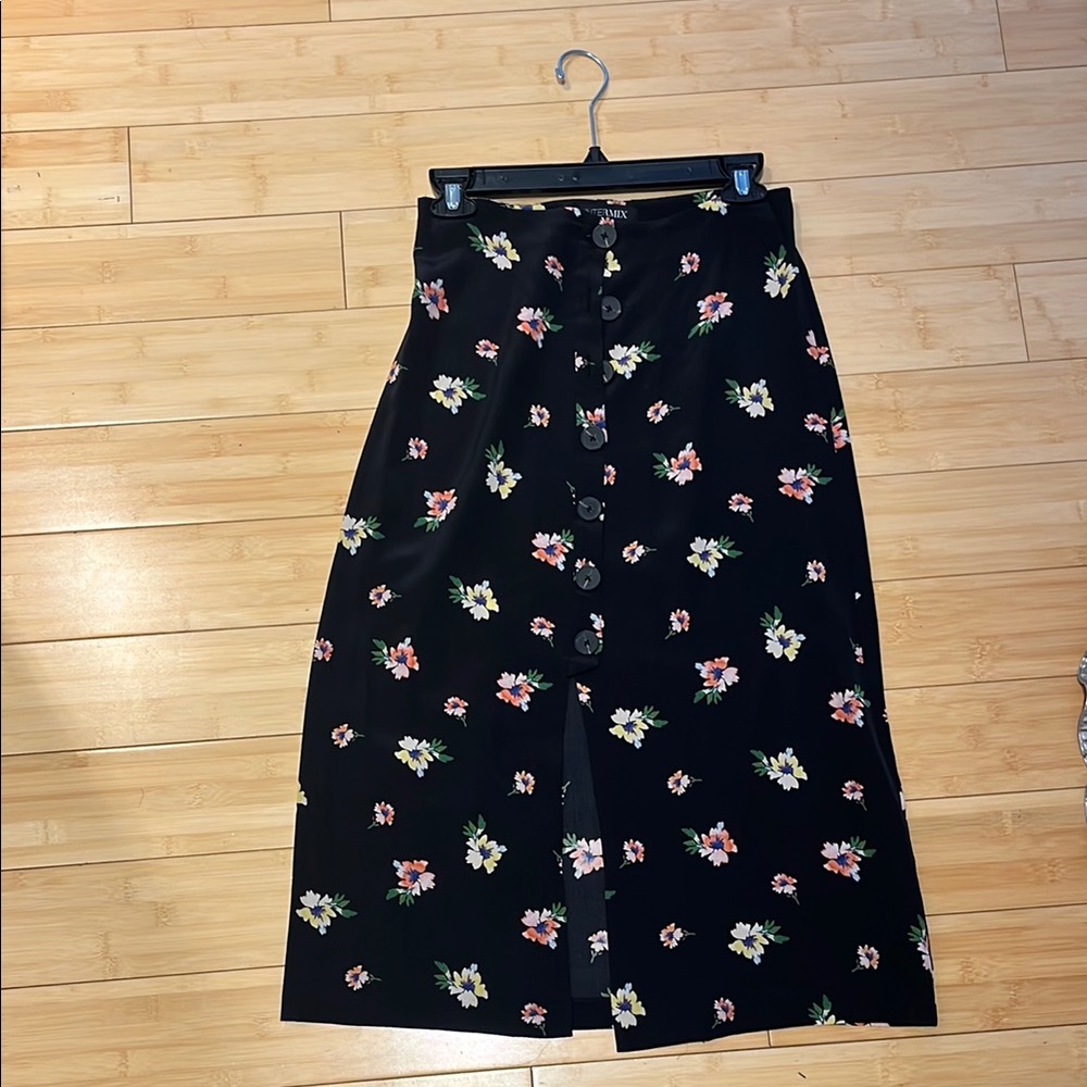 INTERMIX Black A-line Midi Skirt with Slit